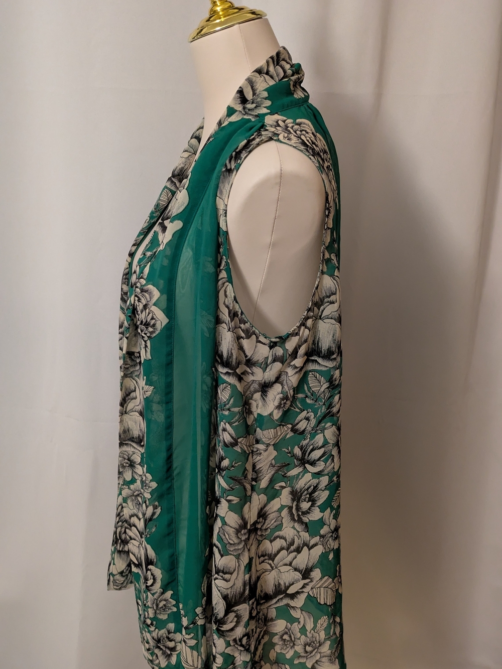 Susan Graver Teal and Cream Floral Scarf Blouse Sleeveless - Picture 4 of 9